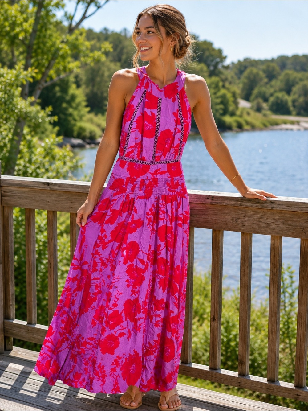 Bright Pink & Red Floral Halter Maxi Dress - Womens
